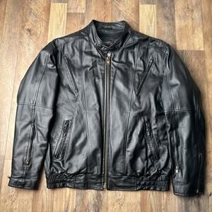 Vintage 90s Motorcycle Jacket Men's Size 42 Large Black Leather Cafe Racer 5855